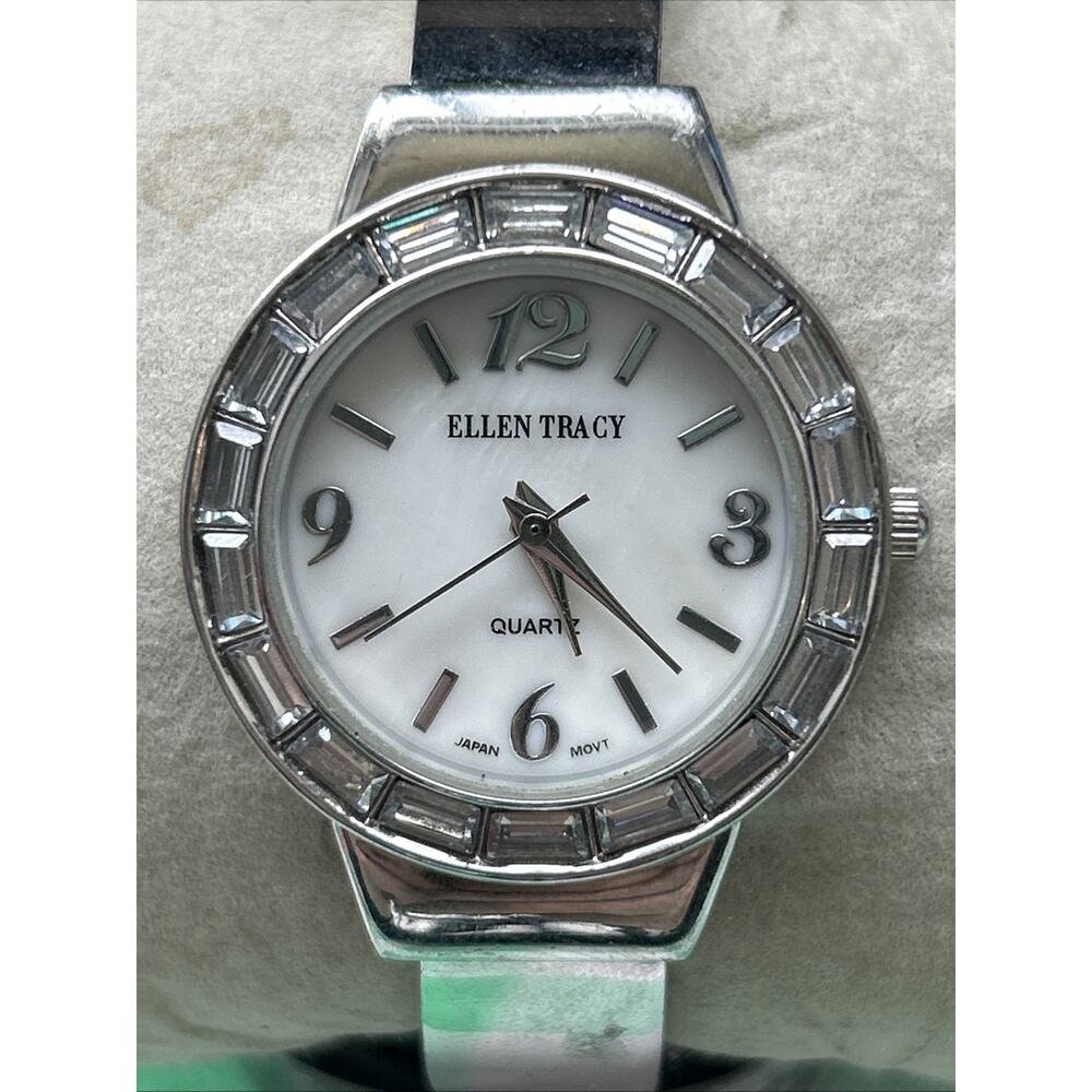 Ellen Tracy Silver Tone Rhinestone Bezel Women’s Quartz Cuff Watch